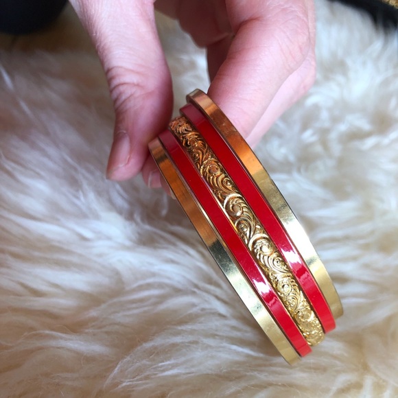 Boho Vintage Gold Red 5-Bangle Metal Bracelet Set - Picture 2 of 3